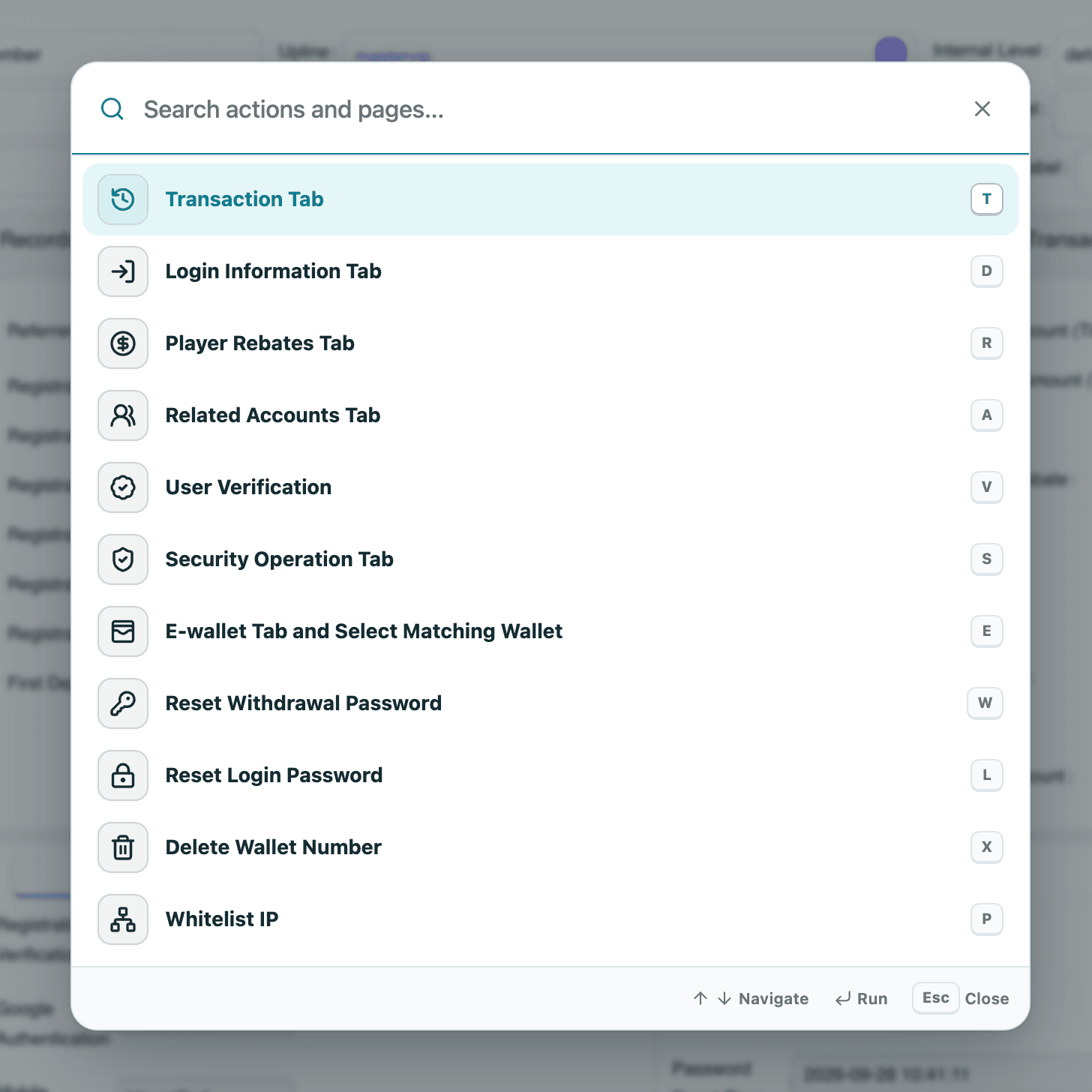 OmniFlow command palette in light mode, showing searchable profile actions and keyboard shortcuts.