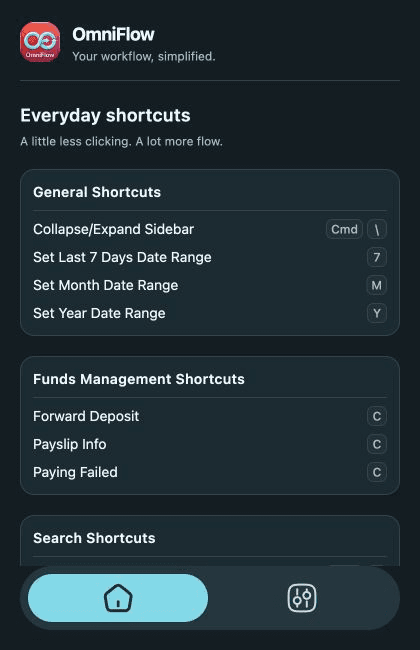 OmniFlow extension showing general and funds management shortcuts with their keyboard keys.